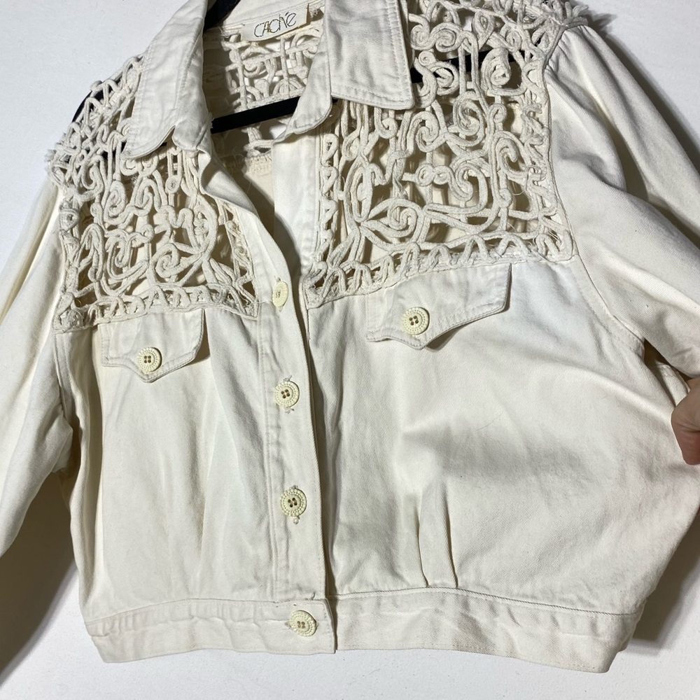Vintage Cache Cream Oversized Cropped Denim Jean Jacket W Crochet Lace Shoulders - Picture 10 of 16